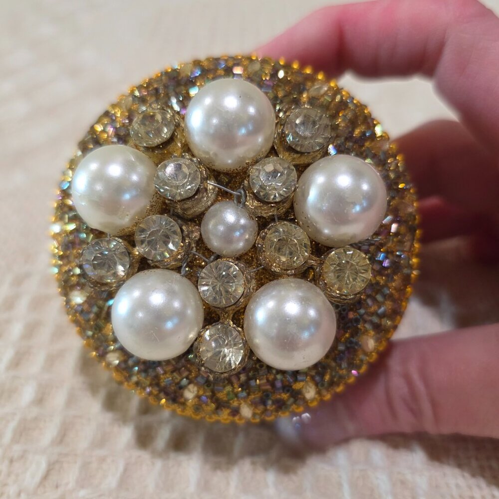 Vintage Gold Bead Pearl & Rhinestone Encrusted Metal Trinket Gift Vanity Box
